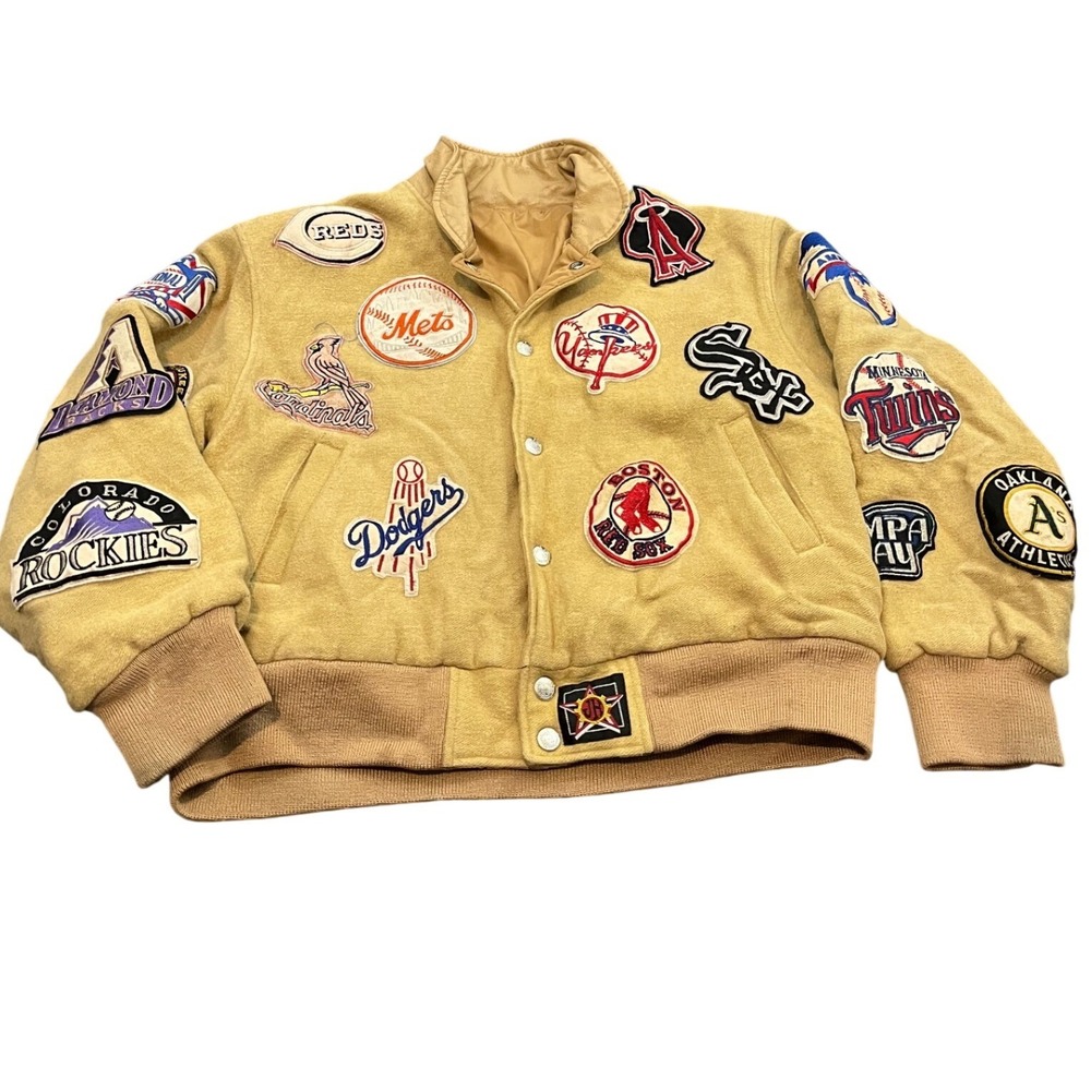 Vintage Jeff Hamilton Varsity Jacket‎ Tan MLB All Team Patch Bomber Baseball